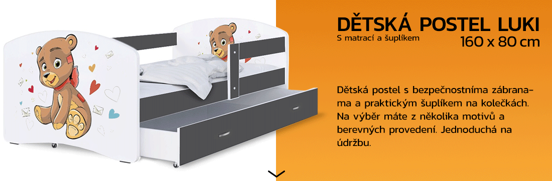 Dětská postel LUKI se šuplíkem ŠEDÁ 160x80 cm vzor MEDVÍDEK