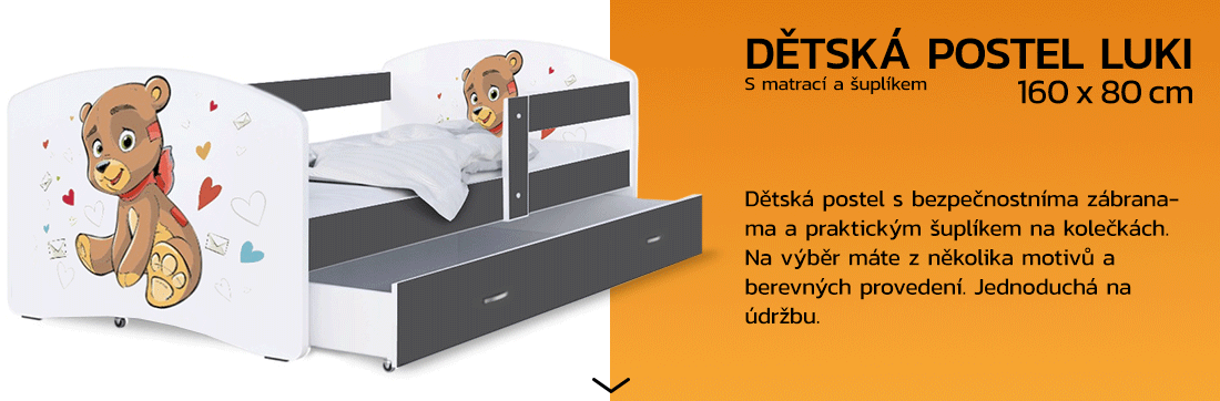Detská posteľ LUKI so šuplíkom ŠEDÁ 160x80 cm vzor MACKO