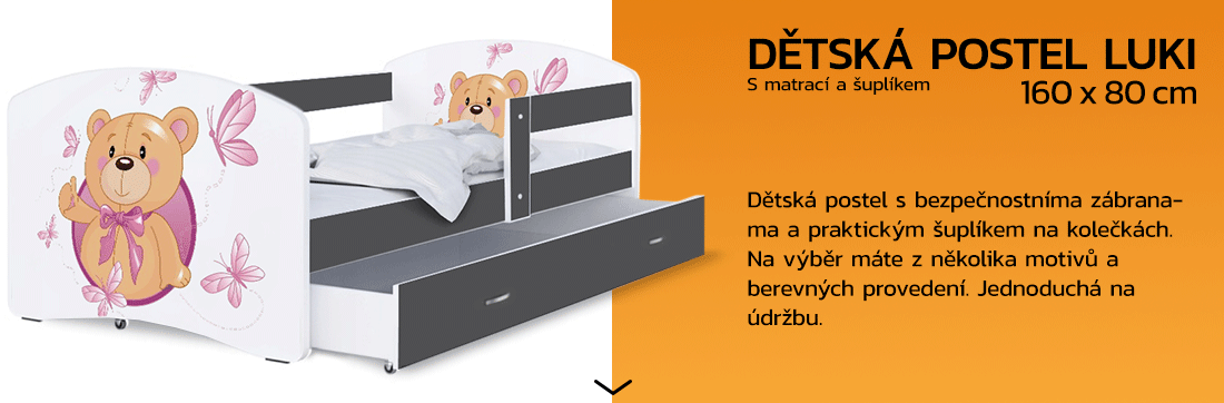 Detská posteľ LUKI so šuplíkom ŠEDÁ 160x80 cm vzor MACKO 2