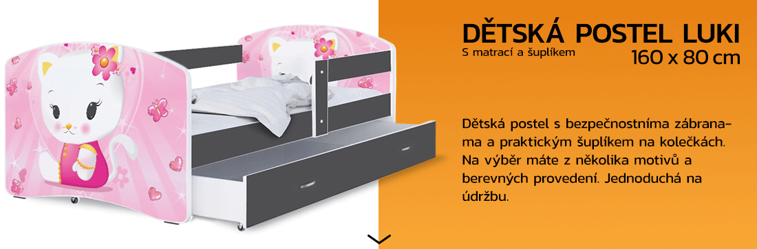 Detská posteľ LUKI so šuplíkom ŠEDÁ 160x80 cm vzor RUŽOVÁ MAČKA