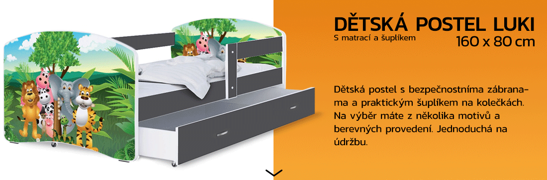 Detská posteľ LUKI so šuplíkom ŠEDÁ 160x80 cm vzor ZVIERATKA JUNGLE