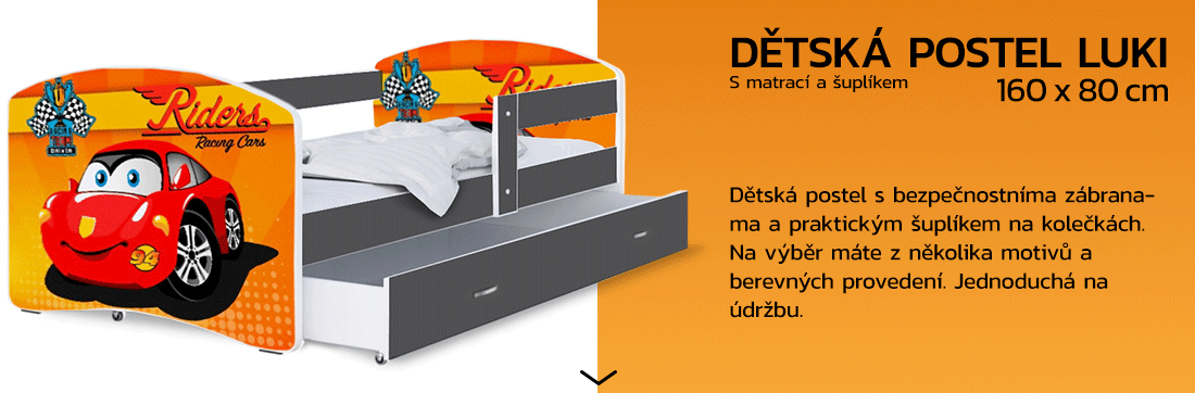 Dětská postel LUKI se šuplíkem ŠEDÁ 160x80 cm vzor ZÁVOĎÁK