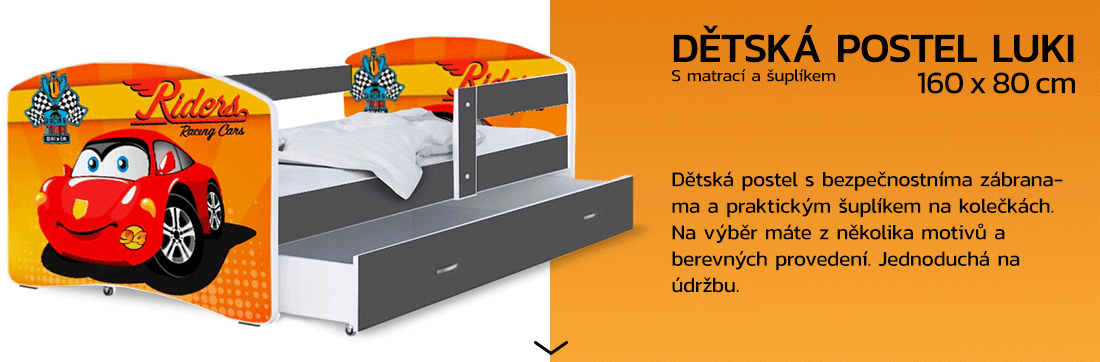 Detská posteľ LUKI so šuplíkom ŠEDÁ 160x80 cm vzor ZÁVOĎÁK