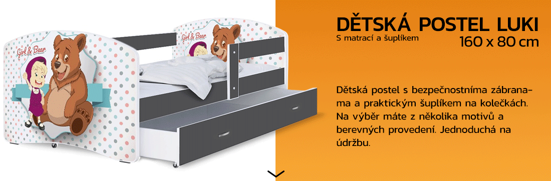 Dětská postel LUKI se šuplíkem ŠEDÁ 160x80 cm vzor MÉĎA