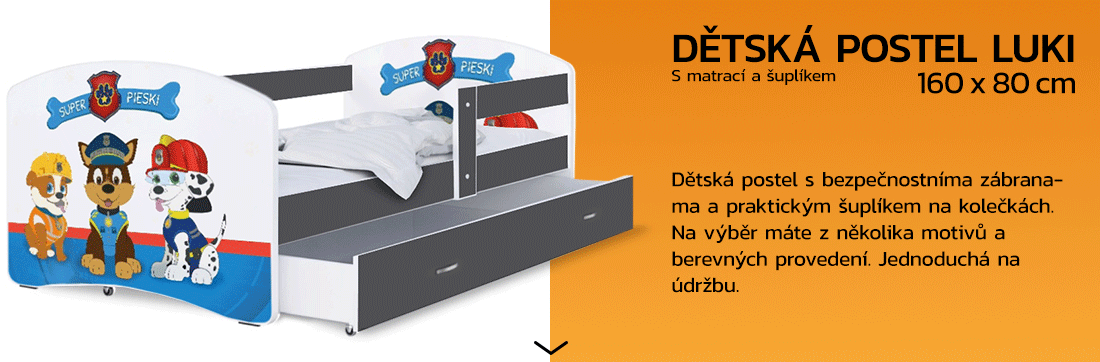 Dětská postel LUKI se šuplíkem ŠEDÁ 160x80 cm vzor SUPER PSI