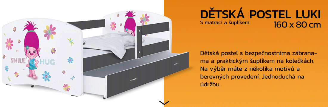 Dětská postel LUKI se šuplíkem ŠEDÁ 160x80 cm vzor SMILE HUG