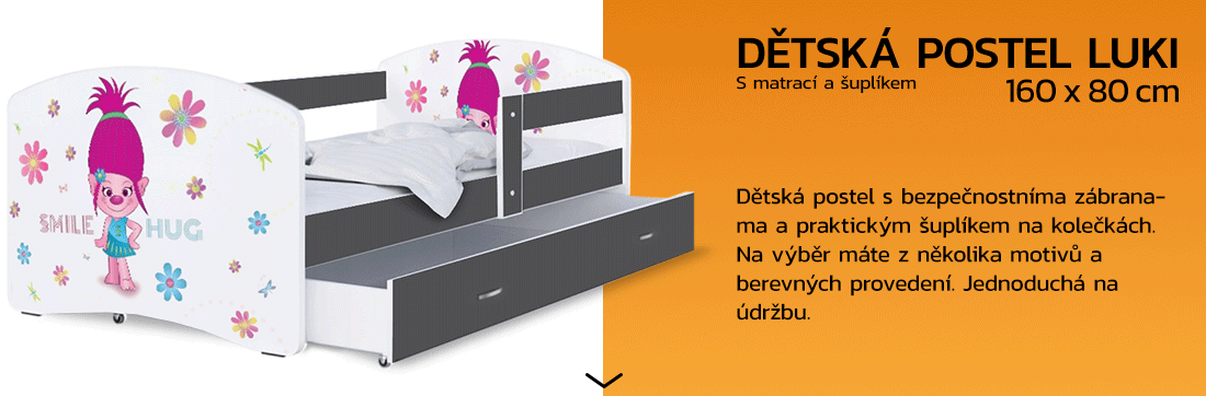 Detská posteľ LUKI so šuplíkom ŠEDÁ 160x80 cm vzor SMILE HUG