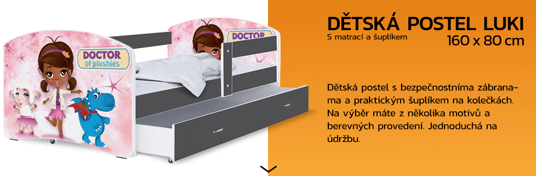 Detská posteľ LUKI so šuplíkom ŠEDÁ 160x80 cm vzor MALÁ DOKTORKA