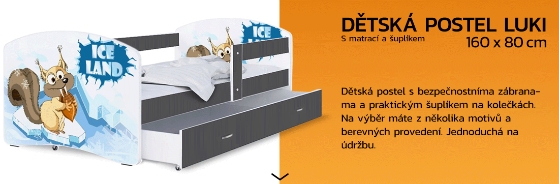 Dětská postel LUKI se šuplíkem ŠEDÁ 160x80cm vzor DOBA LEDOVÁ 51L