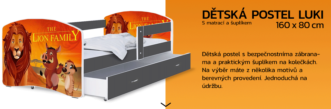 Dětská postel LUKI se šuplíkem ŠEDÁ 160x80 cm vzor LVÍ RODINA