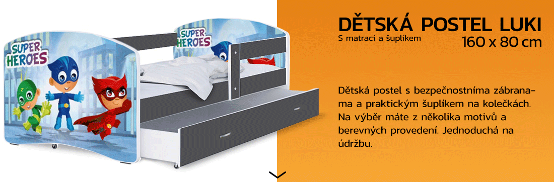 Dětská postel LUKI se šuplíkem ŠEDÁ 160x80cm vzor SUPERHEROES 54L