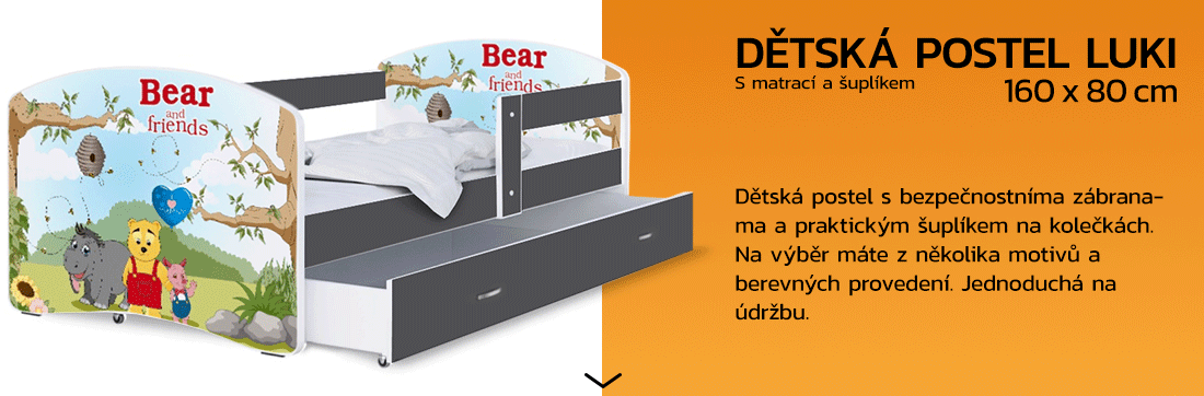 Dětská postel LUKI se šuplíkem ŠEDÁ 160x80 cm vzor MEDVÍDEK A KAMARÁDI