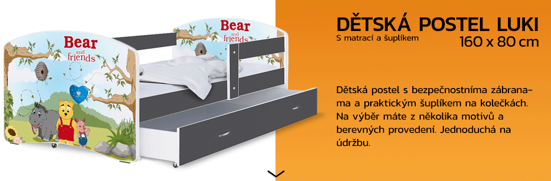 Detská posteľ LUKI so šuplíkom ŠEDÁ 160x80 cm vzor MACKO A KAMARÁDI