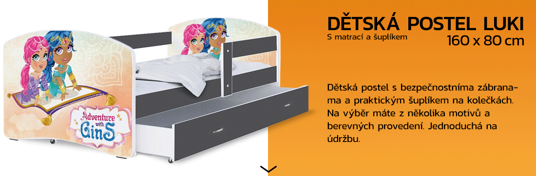 Detská posteľ LUKI so šuplíkom ŠEDÁ 160x80 cm vzor ADVENTURE GINS