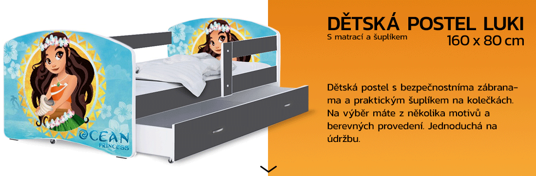 Detská posteľ LUKI so šuplíkom ŠEDÁ 160x80 cm vzor OCEAN PRINCESS