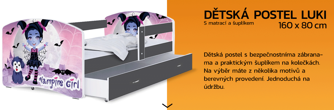 Dětská postel LUKI se šuplíkem ŠEDÁ 160x80 cm vzor UPÍRKA
