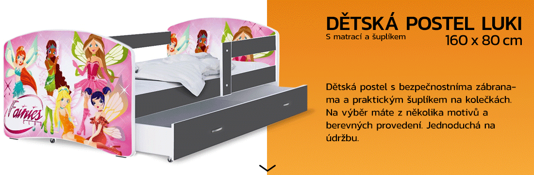Dětská postel LUKI se šuplíkem ŠEDÁ 160x80 cm vzor VÍLY