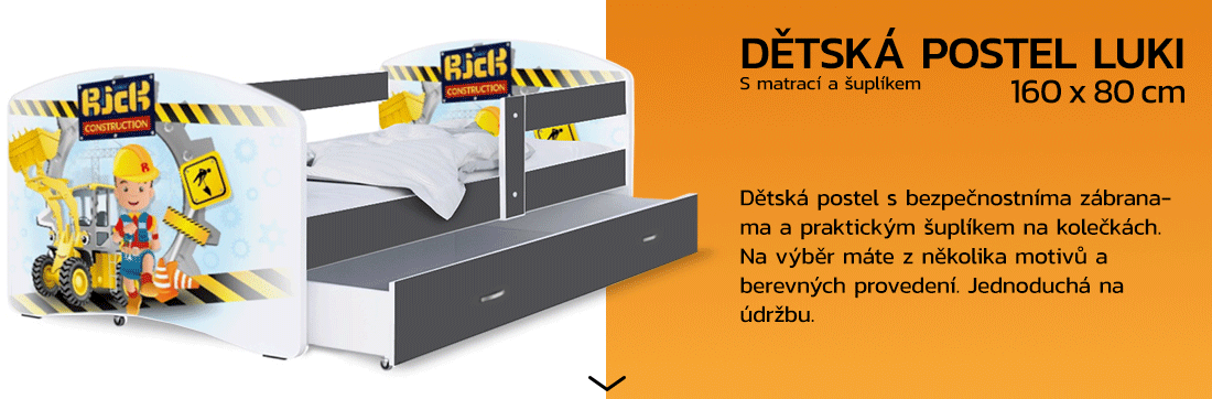 Detská posteľ LUKI so šuplíkom ŠEDÁ 160x80 cm vzor STAVITEL RICK