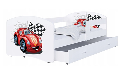 Dětská postel LUKI se šuplíkem BÍLÁ 160x80 vzor ZÁVODNÍ AUTO