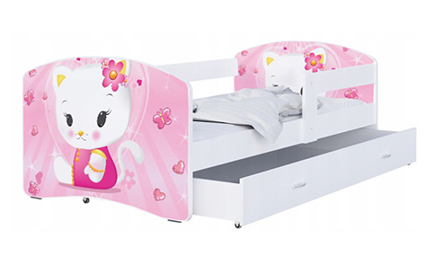 Dětská postel LUKI se šuplíkem BÍLÁ 160x80 vzor RŮŽOVÁ KOČKA