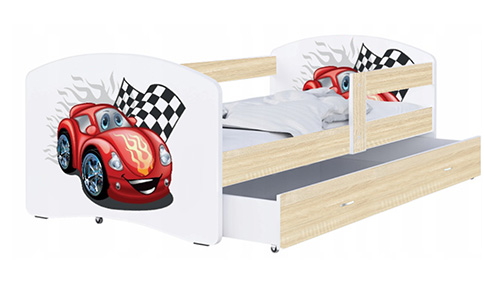 Dětská postel LUKI se šuplíkem DUB SONOMA 160x80 vzor ZAVODNI AUTO