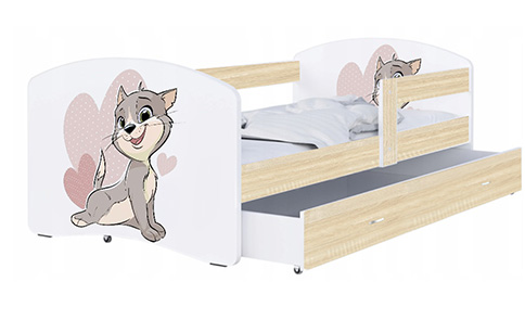 Dětská postel LUKI se šuplíkem DUB SONOMA 160x80 vzor KOČIČKA
