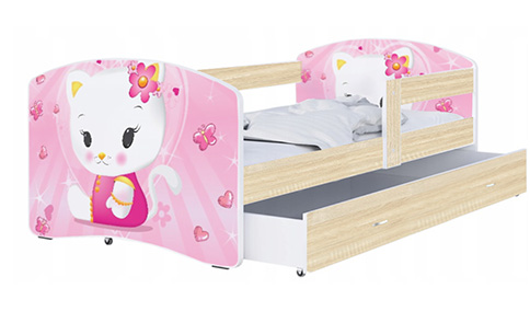 Dětská postel LUKI se šuplíkem DUB SONOMA 160x80 vzor RŮŽOVÁ KOČKA