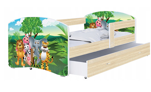 Detská posteľ LUKI so šuplíkom DUB SONOMA 160x80 vzor ZVIERATKA JUNGLE
