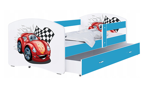 Dětská postel LUKI se šuplíkem MODRÁ 160x80 cm vzor ZÁVODNÍ AUTO