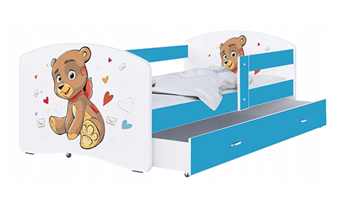 Dětská postel LUKI se šuplíkem MODRÁ 160x80 cm vzor MEDVÍDEK