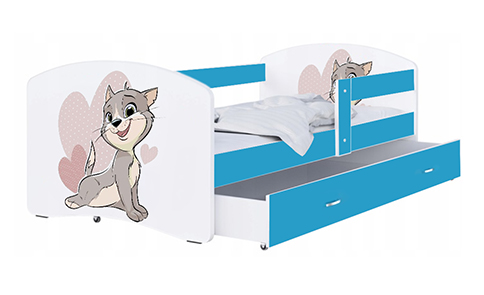 Dětská postel LUKI se šuplíkem MODRÁ 160x80 cm vzor KOČIČKA