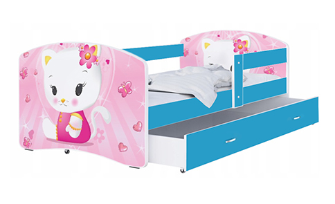 Dětská postel LUKI se šuplíkem MODRÁ 160x80 cm vzor RŮŽOVÁ KOČKA
