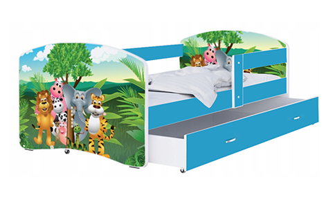 Detská posteľ LUKI so šuplíkom MODRÁ 160x80 cm vzor ZVIERATKA JUNGLE