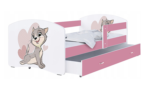 Detská posteľ LUKI so šuplíkom RUŽOVÁ 160x80 cm vzor MAČIČKA