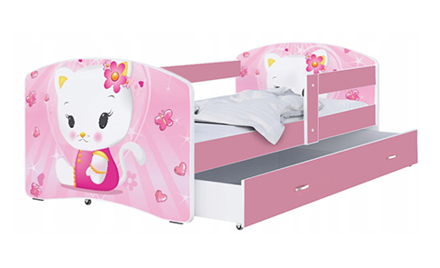 Dětská postel LUKI se šuplíkem RŮŽOVÁ 160x80 cm vzor RŮŽOVÁ KOČKA
