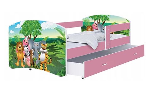 Detská posteľ LUKI so šuplíkom RUŽOVÁ 160x80 cm vzor ZVIERATKA JUNGLE