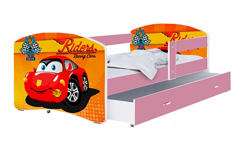 Detská posteľ LUKI so šuplíkom RUŽOVÁ 160x80 cm vzor ZÁVODIAK