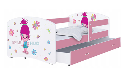 Detská posteľ LUKI so šuplíkom RUŽOVÁ 160x80 cm vzor SMILE HUG