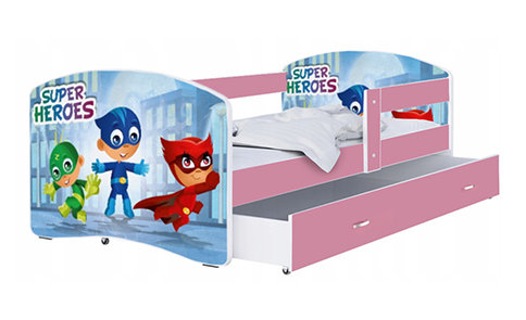 Dětská postel LUKI se šuplíkem RŮŽOVÁ 160x80cm vzor SUPERHEROES 54L