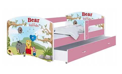Dětská postel LUKI se šuplíkem RŮŽOVÁ 160x80 cm vzor MEDVÍDEK A KAMARÁDI