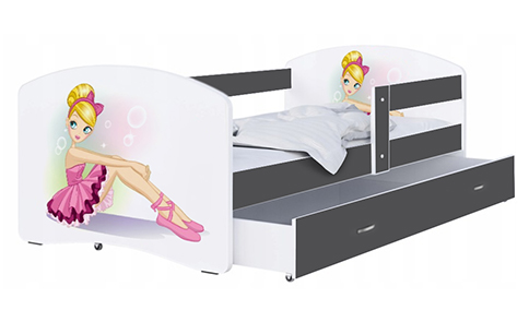 Dětská postel LUKI se šuplíkem ŠEDÁ 160x80 cm vzor PRINCEZNA