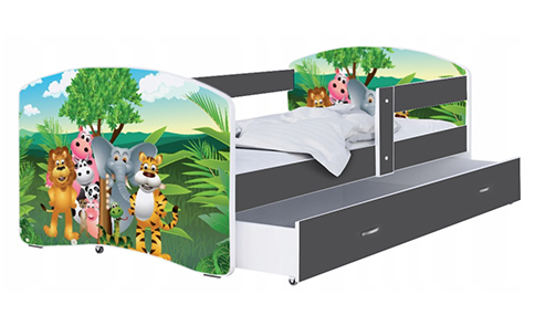 Detská posteľ LUKI so šuplíkom ŠEDÁ 160x80 cm vzor ZVIERATKA JUNGLE