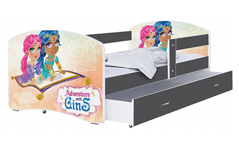 Dětská postel LUKI se šuplíkem ŠEDÁ 160x80 cm vzor ADVENTURE GINS