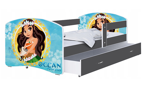 Detská posteľ LUKI so šuplíkom ŠEDÁ 160x80 cm vzor OCEAN PRINCESS