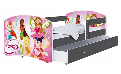 Dětská postel LUKI se šuplíkem ŠEDÁ 160x80 cm vzor VÍLY