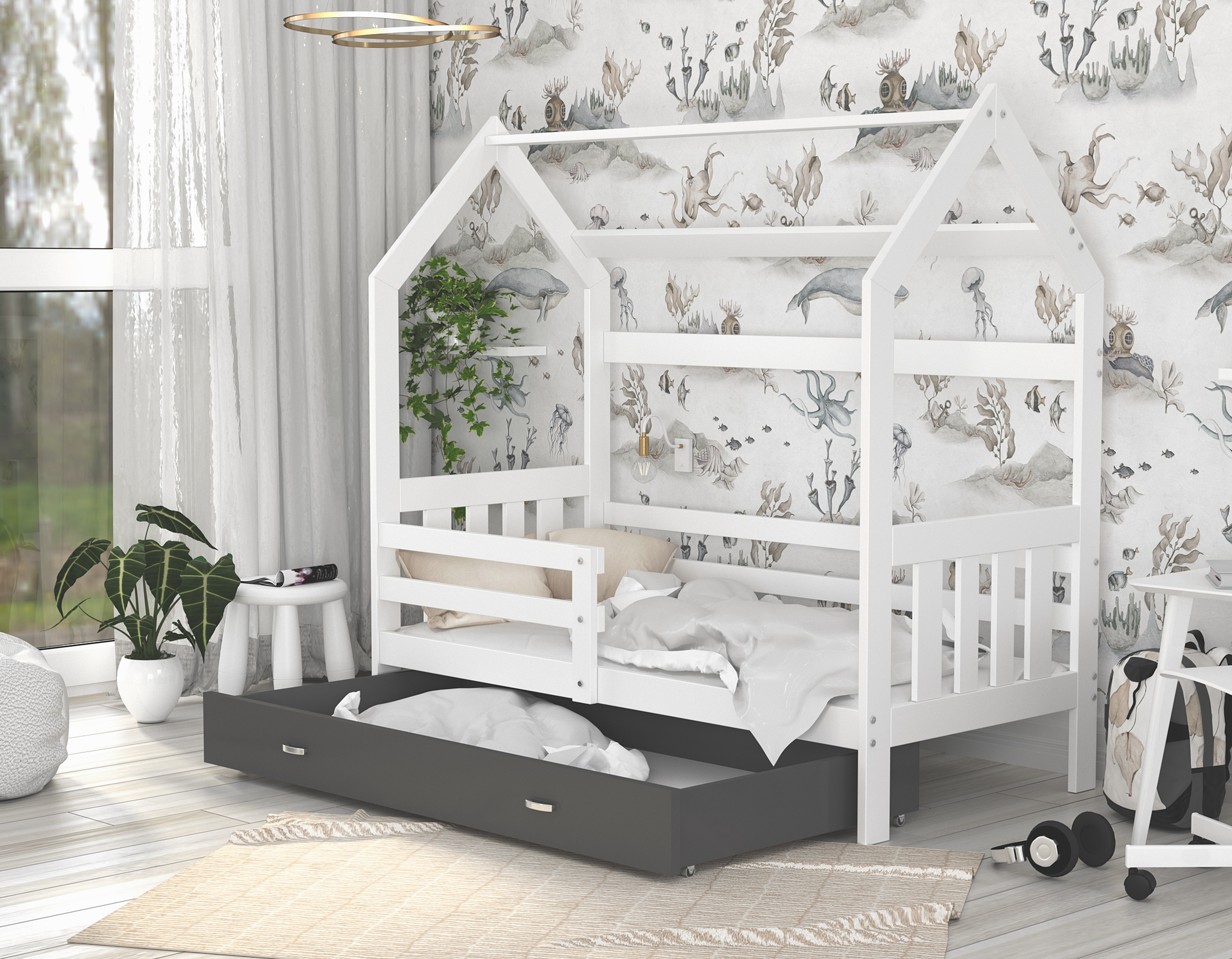Dětská postel DOMEK 2 se šuplíkem 190x80 cm bílá šedá
