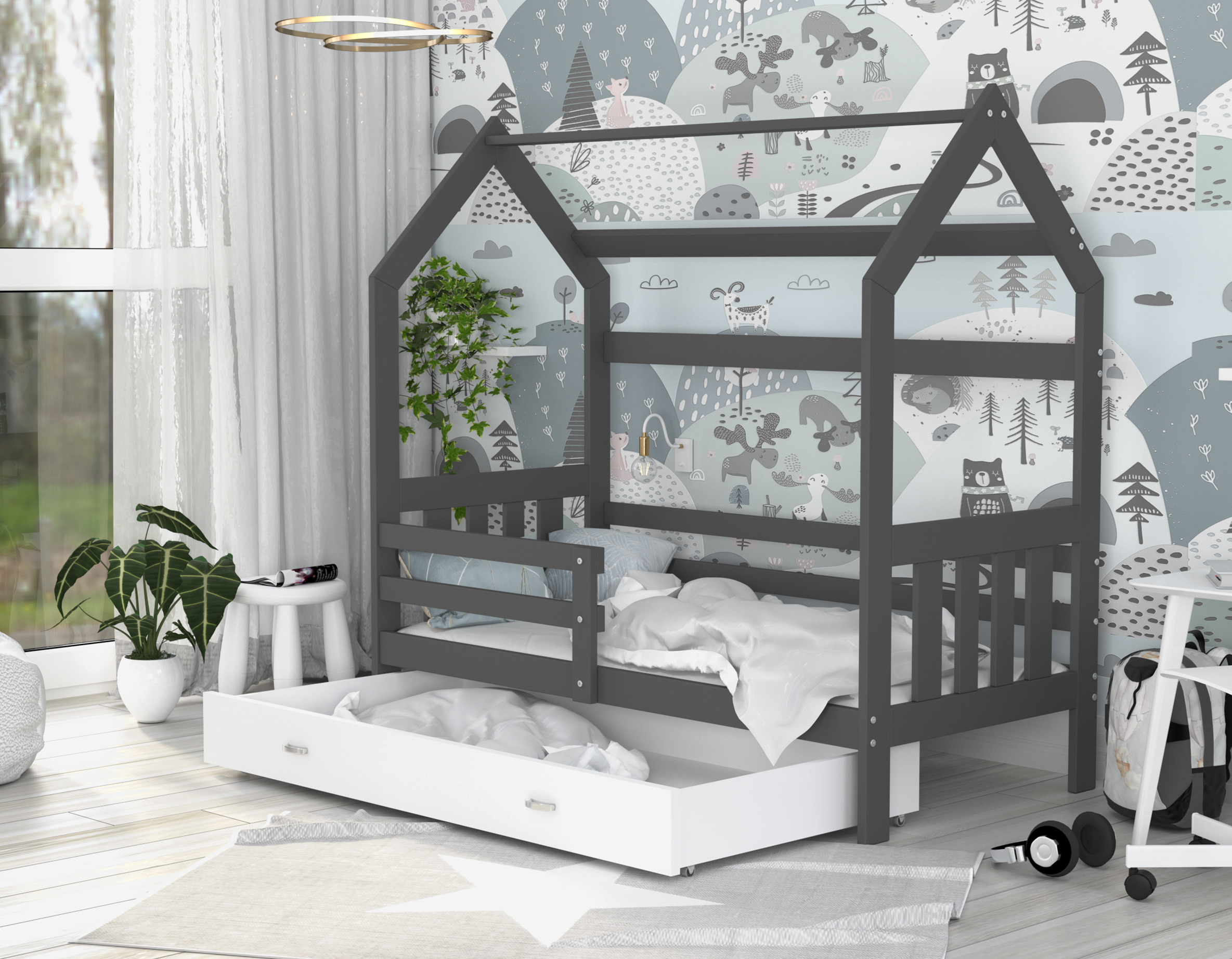 Dětská postel DOMEK 2 se šuplíkem 160x80 cm šedá bílá