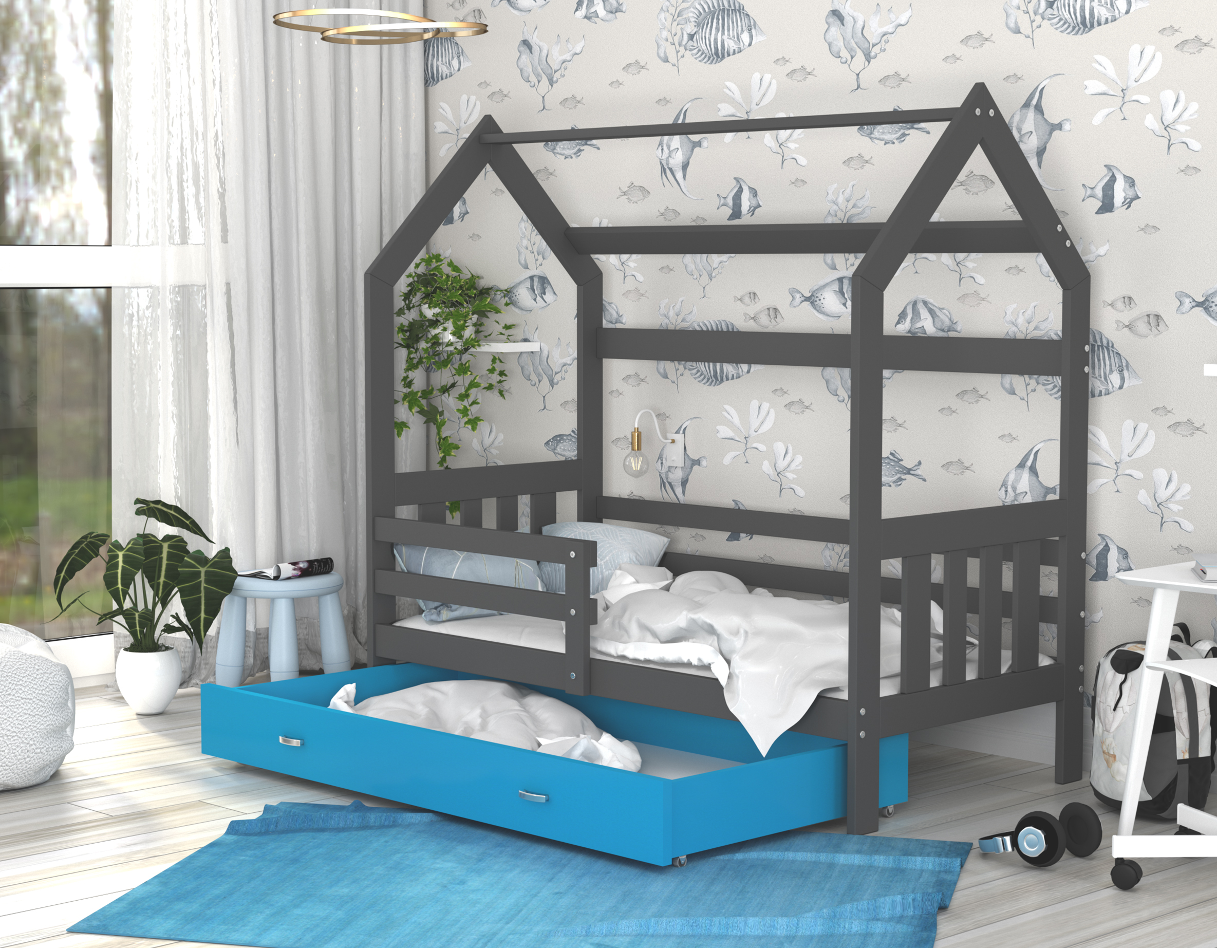 Dětská postel DOMEK 2 se šuplíkem 160x80 cm šedá modrá