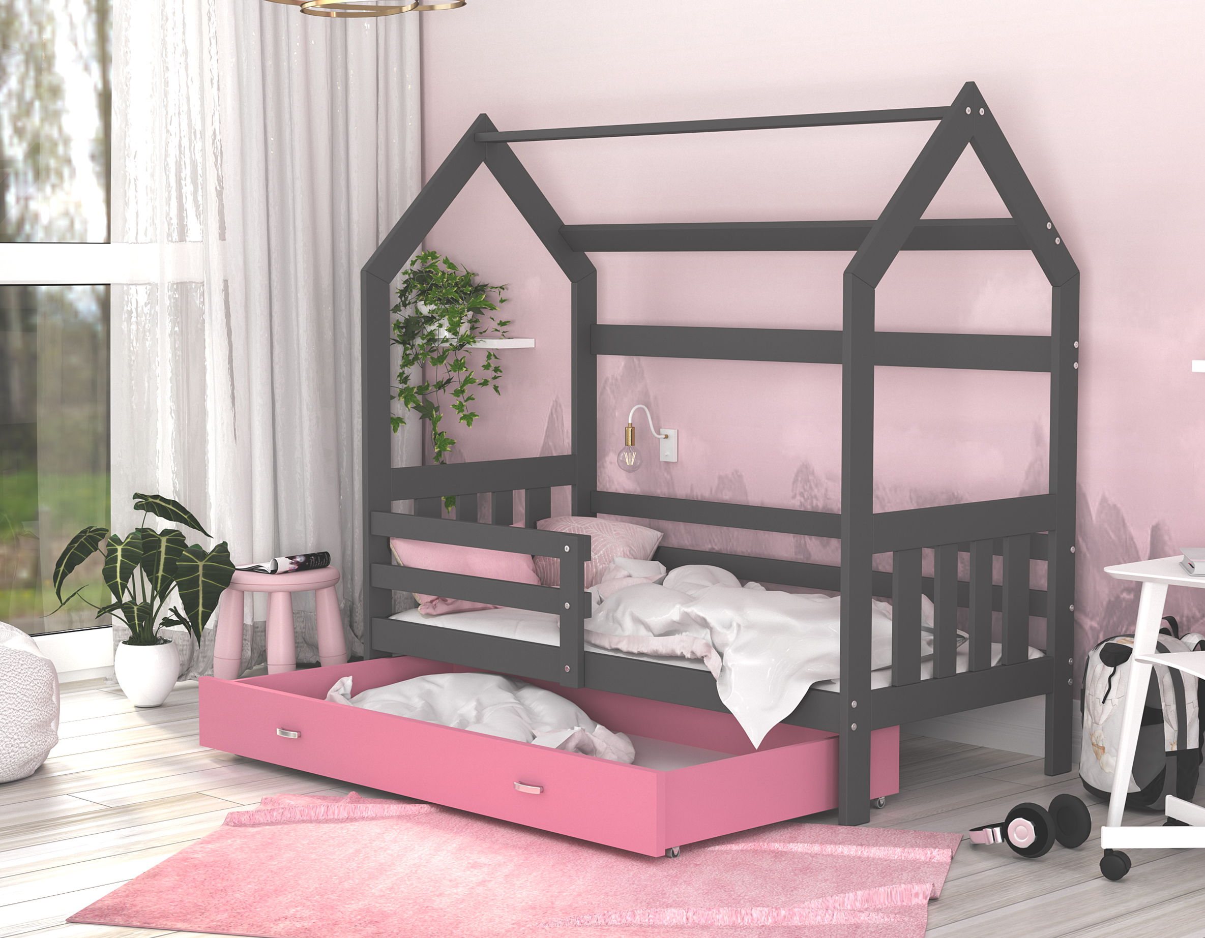 Dětská postel DOMEK 2 se šuplíkem 160x80 cm šedá růžová