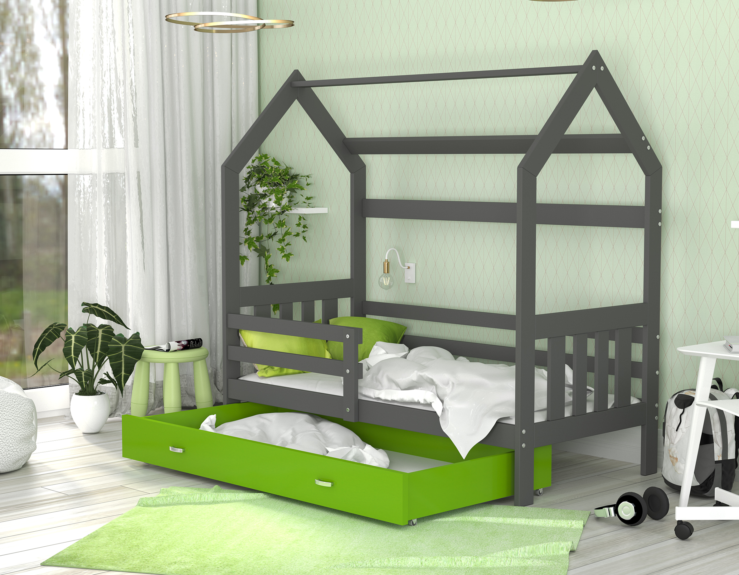 Dětská postel DOMEK 2 se šuplíkem 190x80 cm šedá zelená